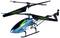 Hélicoptère jouet en bleu et noir avec des accents verts, doté de deux pales de rotor et d'un rotor de queue stabilisateur, conçu pour un vol en intérieur.