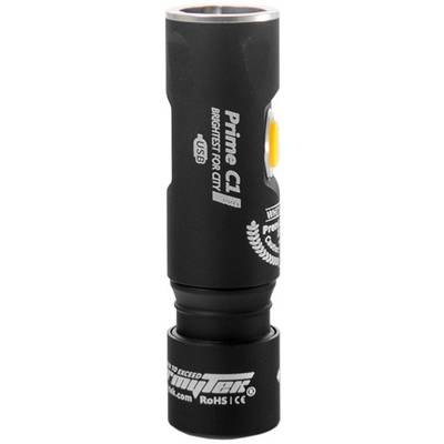 Lampe de poche LED noire avec inscription 'Prime C1'. Comprend un port USB et un bouton orange. Idéale pour une utilisation urbaine.