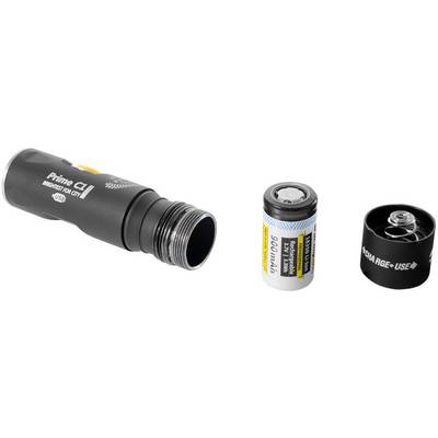 Lampe de poche démontée avec boîtier, batterie rechargeable amovible et couvercle du compartiment à batterie, sur fond blanc.