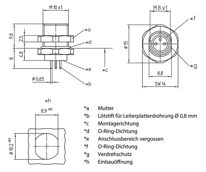 Dessin technique d'un connecteur électrique avec dimensions, vue de dessus et vue latérale. Marquages pour l'écrou, la broche de soudure et les joints d'étanchéité.