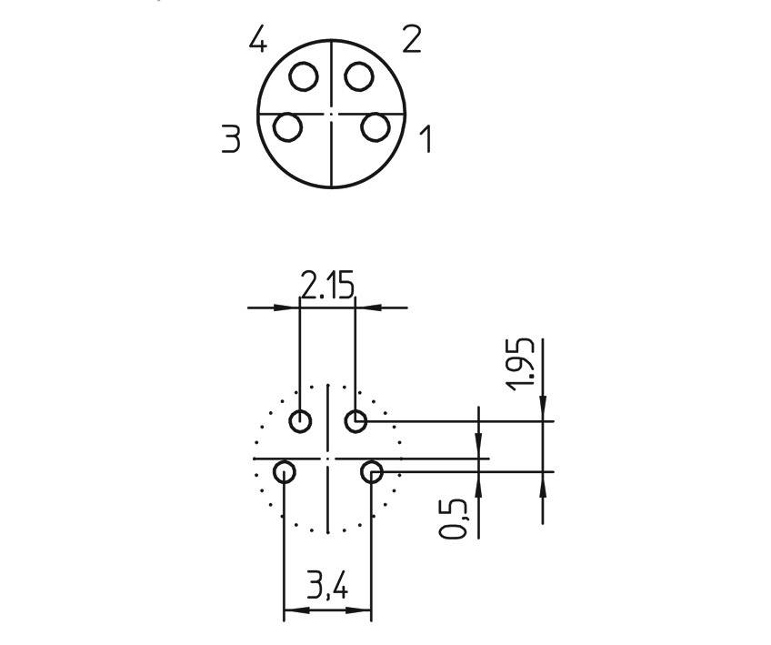 Dessin technique d'une prise circulaire à quatre contacts, numérotés de 1 à 4. Dimensions : 2,15 entre les contacts, hauteur totale de 1,95, écart entre les contacts de 0,5.