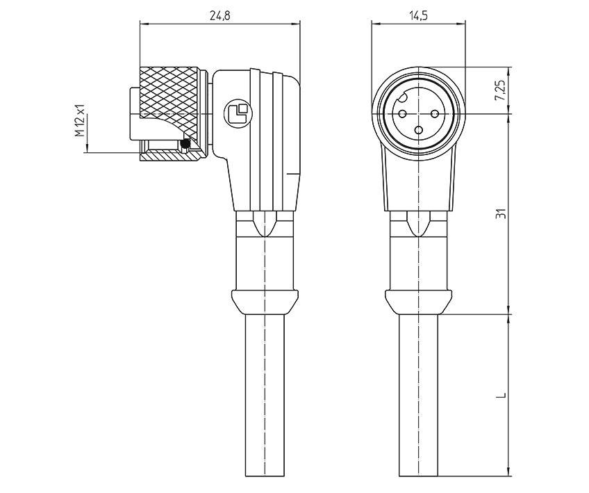 Dessin technique d'un connecteur rectangulaire à angle droit. Dimensions : 24,8 mm de largeur, 14,5 mm de profondeur, 31 mm de hauteur. Filetage de connexion : M12 x 1.