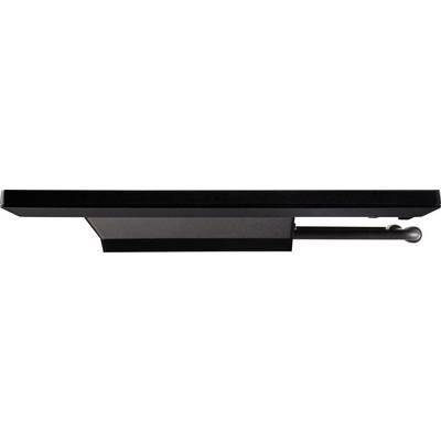 Support de tablette noir avec rails télescopiques, orienté horizontalement. Adapté pour des fixations de tablettes invisibles.
