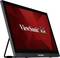Moniteur 'ViewSonic' en vue oblique, cadre noir, arrière-plan d'écran rouge avec le logo 'ViewSonic' et trois oiseaux colorés.