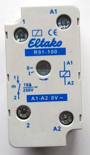 Un relais électrique blanc portant l'inscription 'Eltako R91-100'. Affiche les positions de commutation et les spécifications électriques telles que '10A 250V'. Comprend des symboles pour les bornes de connexion.