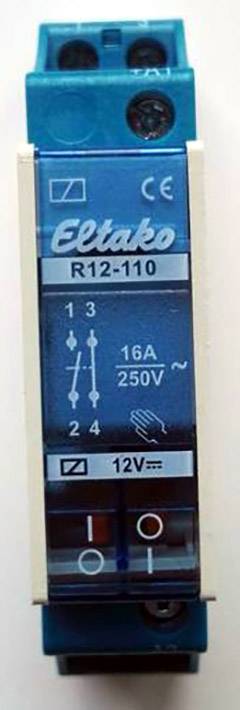 Eltako R12-110-12V Relais de commutation Tension nominale: 12 V Courant de commutation (max.): 8 A 1 NO (T), 1 NF (R) 1 