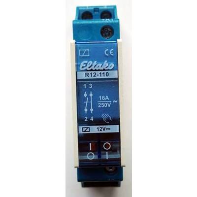 Un relais de commutation 12V DC portant l'étiquette 'Eltako R12-110' et '16A 250V'. Il est doté de symboles indiquant ses fonctions de commutation.