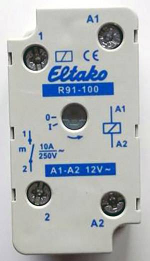 Un relais électromagnétique de la marque Eltako, modèle R91-100, avec bornes et schéma de connexion, adapté pour 10A 250V et 12V~.