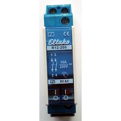 'Interrupteur électrique Blauer Eltako R12-200, certifié CE. Puissance de commutation : 16A, 250V~. Points de connexion 1, 2, 3, 4. Tension : 8V AC.'