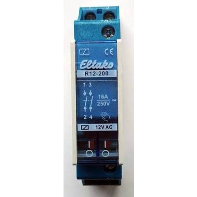 Relais de commutation Eltako R12-200 bleu, 16A 250V, adapté pour courant alternatif 12V, composants principaux et symboles techniques sur la face avant.