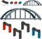 Ensemble LEGO pour la construction d'un pont avec arc voûté, 4 blocs adaptateurs, 32 blocs de construction ; variantes en rouge, bleu, noir.