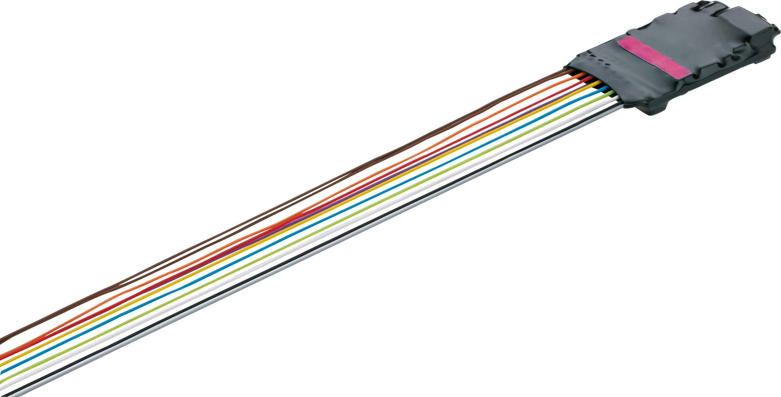 Connecteur à fibre optique avec plusieurs câbles de couleurs différentes regroupés dans un boîtier noir.