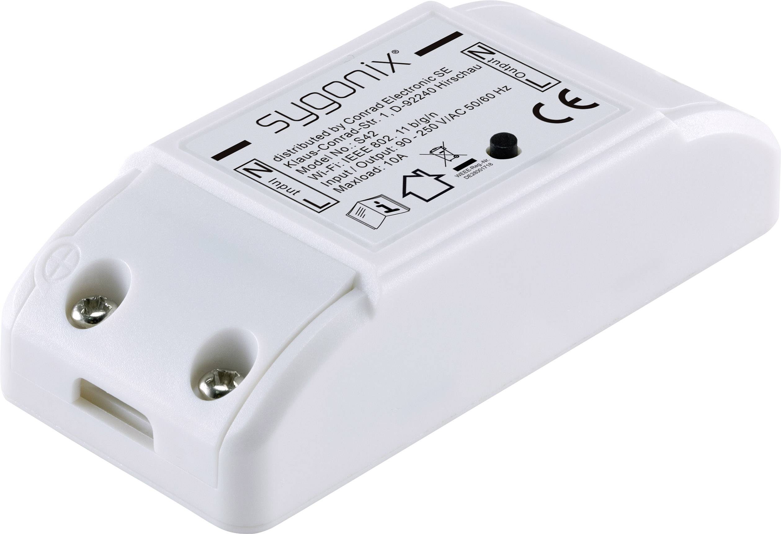 Un interrupteur électrique blanc portant l'inscription 'sygonix' et des spécifications techniques sur le dessus, avec deux bornes à vis.