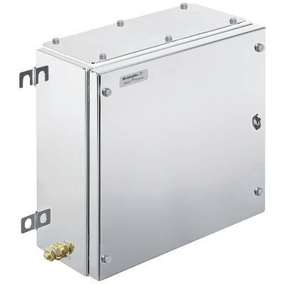 Boîtier métallique rectangulaire de Weidmüller, équipé d'un verrou et d'un raccordement en bas à gauche, utilisé pour protéger des composants électroniques.