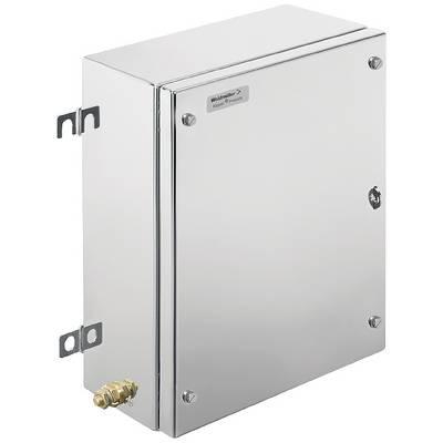Un boîtier rectangulaire en métal argenté avec des vis aux coins et un raccord à vis en laiton au bas. Adapté pour l'électronique.