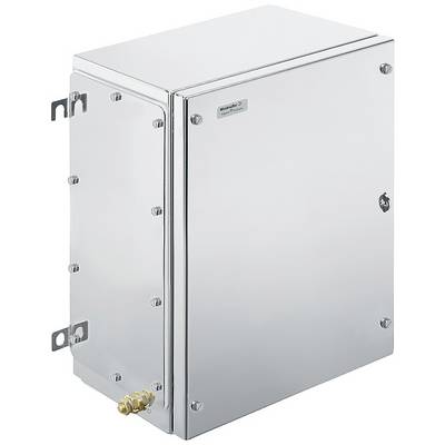 Un placard métallique rectangulaire argenté, muni de vis et d'une valve sur sa face inférieure. Des supports sont situés sur les côtés gauche et droit.
