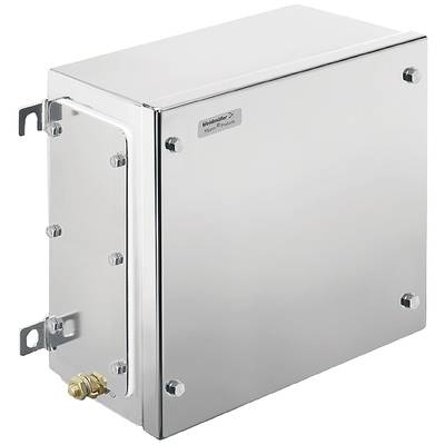 Boîtier en acier inoxydable à surface lisse et avec des angles de fixation latéraux, adapté pour les installations électriques industrielles.