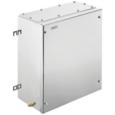 Une armoire électrique rectangulaire en métal, avec des vis et un petit raccord en laiton dans le coin inférieur gauche.