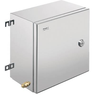Un coffret électrique rectangulaire en acier inoxydable avec porte et poignée, monté sur un support mural. Un petit bec est installé en bas.