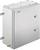 Boîtier de distribution métallique avec deux fermetures rondes sur la façade. Adapté pour le rangement de composants électriques.