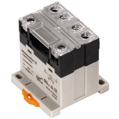 Un contacteur électrique blanc avec un couvercle noir et quatre bornes à vis. Le nom du fabricant et les symboles techniques sont représentés.