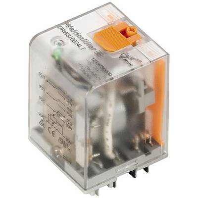 Relais à boîtier transparent révélant les composants internes, notamment la bobine et les contacts, avec un commutateur orange en haut.