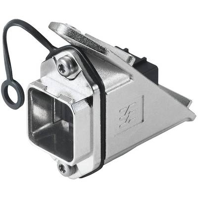 Boîte métallique argentée avec câble noir, fixée dans le coin supérieur et sur le côté avec des vis. Utilisée pour des connexions électriques robustes.