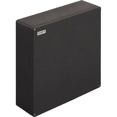 Un boîtier rectangulaire noir en plastique aux coins arrondis. Une petite étiquette métallique est apposée en haut à gauche.