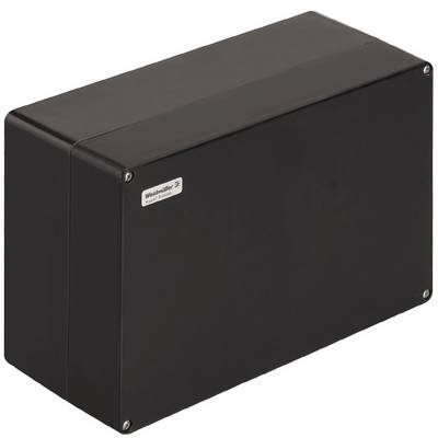 Boîtier rectangulaire noir avec une petite étiquette de 'Weidmüller' sur l'avant.