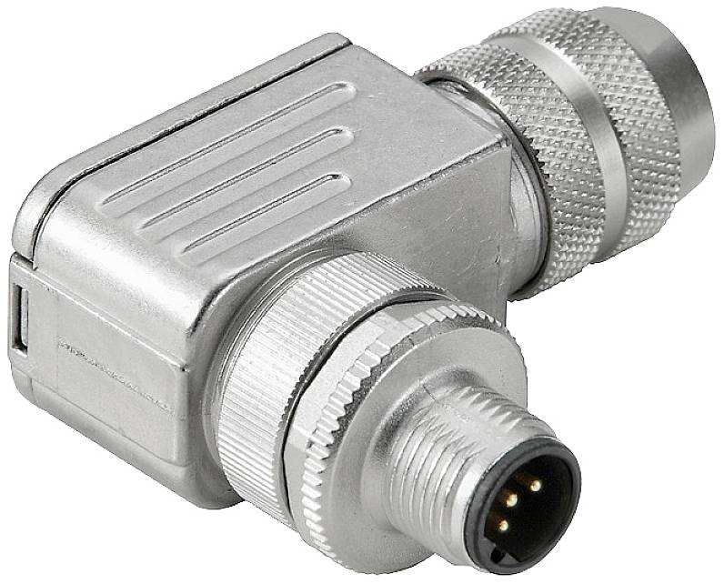 Un connecteur rectangulaire argenté avec des verrous rotatifs cannelés et cinq broches de contact, adapté aux connexions électriques.
