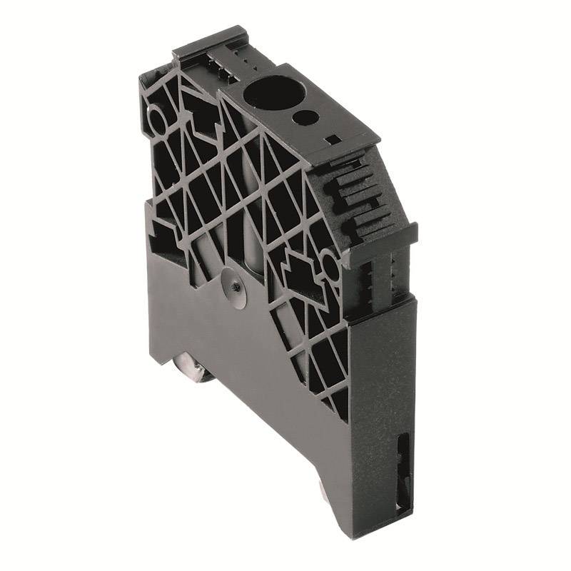Rail DIN étroite noire en plastique avec motif géométrique et trous de montage, adaptée aux applications industrielles.