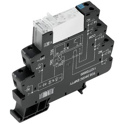 Un module de relais électromécanique avec schéma de câblage illustré. Les composants et les connexions sont marqués sur la surface noire.