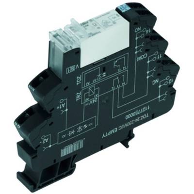 Un module de relais électrique noir avec des symboles blancs. Il montre des schémas de câblage et des connexions. Produit pour circuits électriques.