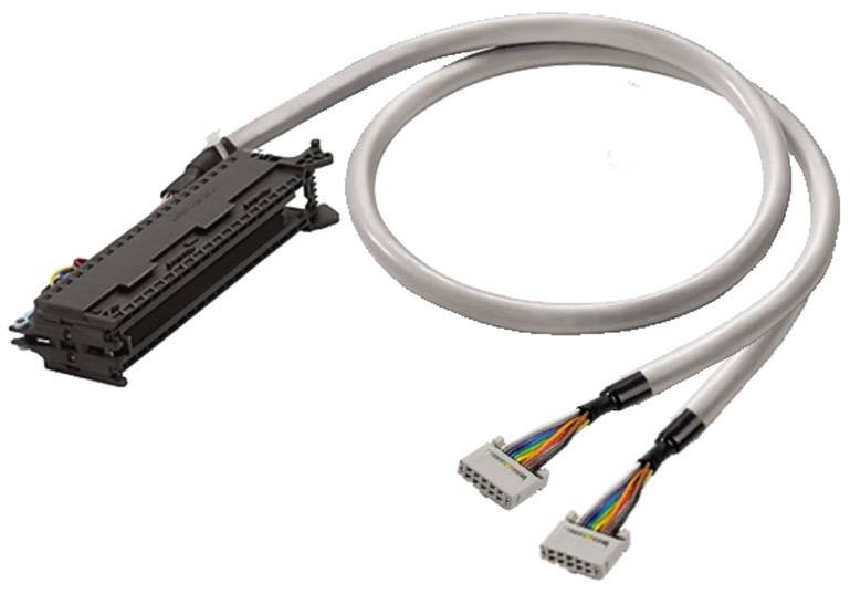 L'image montre un câble gris avec un connecteur et deux fiches équipées de fils de différentes couleurs, utilisé pour des connexions électroniques.