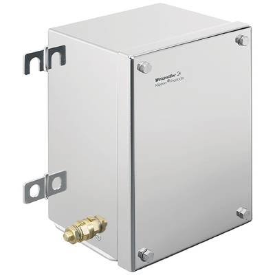 Un boîtier électronique industriel rectangulaire en argent avec un nom de marque gravé sur la façade, des supports de montage mural et un raccord en laiton en bas.