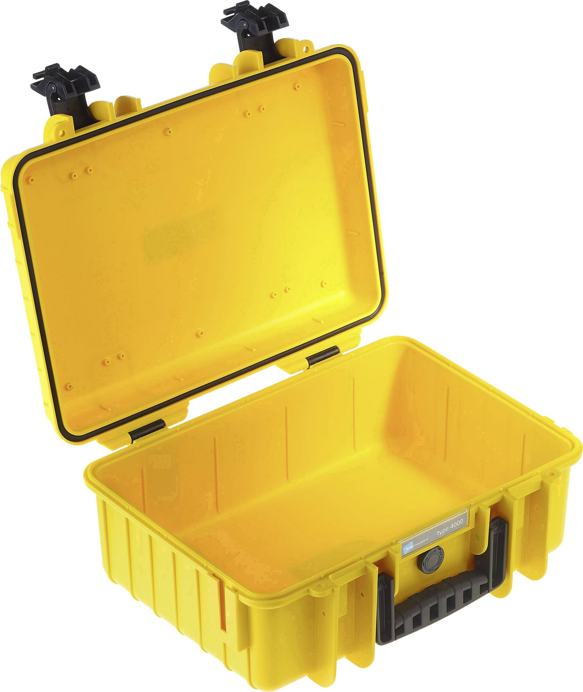 Coffret de protection jaune et ouvert, fabriqué en matériau robuste, adapté pour le transport sécurisé d'équipements sensibles.