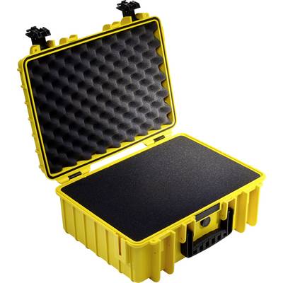 Valise rigide jaune à rabat ouvert, avec un intérieur en mousse noire. Adaptée au transport sécurisé d'objets fragiles.