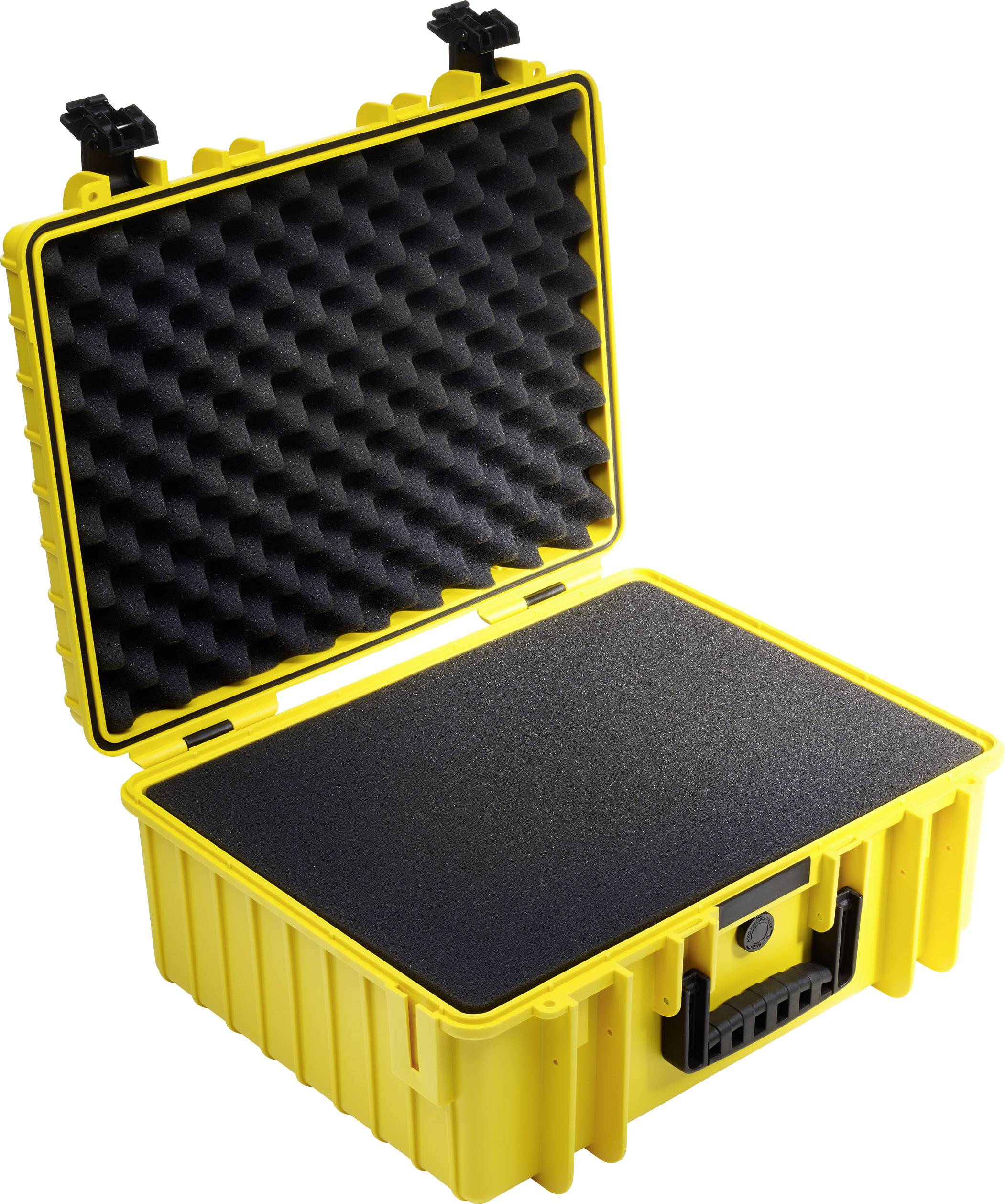 Valise de protection jaune avec couvercle ouvert, mousse de protection intérieure rembourrée, adaptée au rangement sécurisé d'objets fragiles.