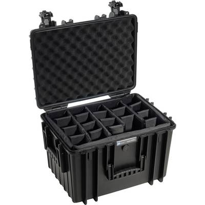 Une valise rigide noire ouverte avec de la mousse de protection rembourrée et des compartiments ajustables pour le rangement sécurisé de l'équipement.