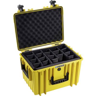 Un étui de protection jaune avec un couvercle ouvert, montrant plusieurs petits compartiments intérieurs bien répartis et uniformes.