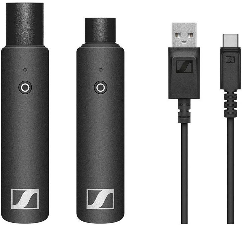 Deux récepteurs de microphone sans fil noirs avec câbles USB, adaptés pour la transmission et l'amplification audio, présentés dans une orientation verticale.