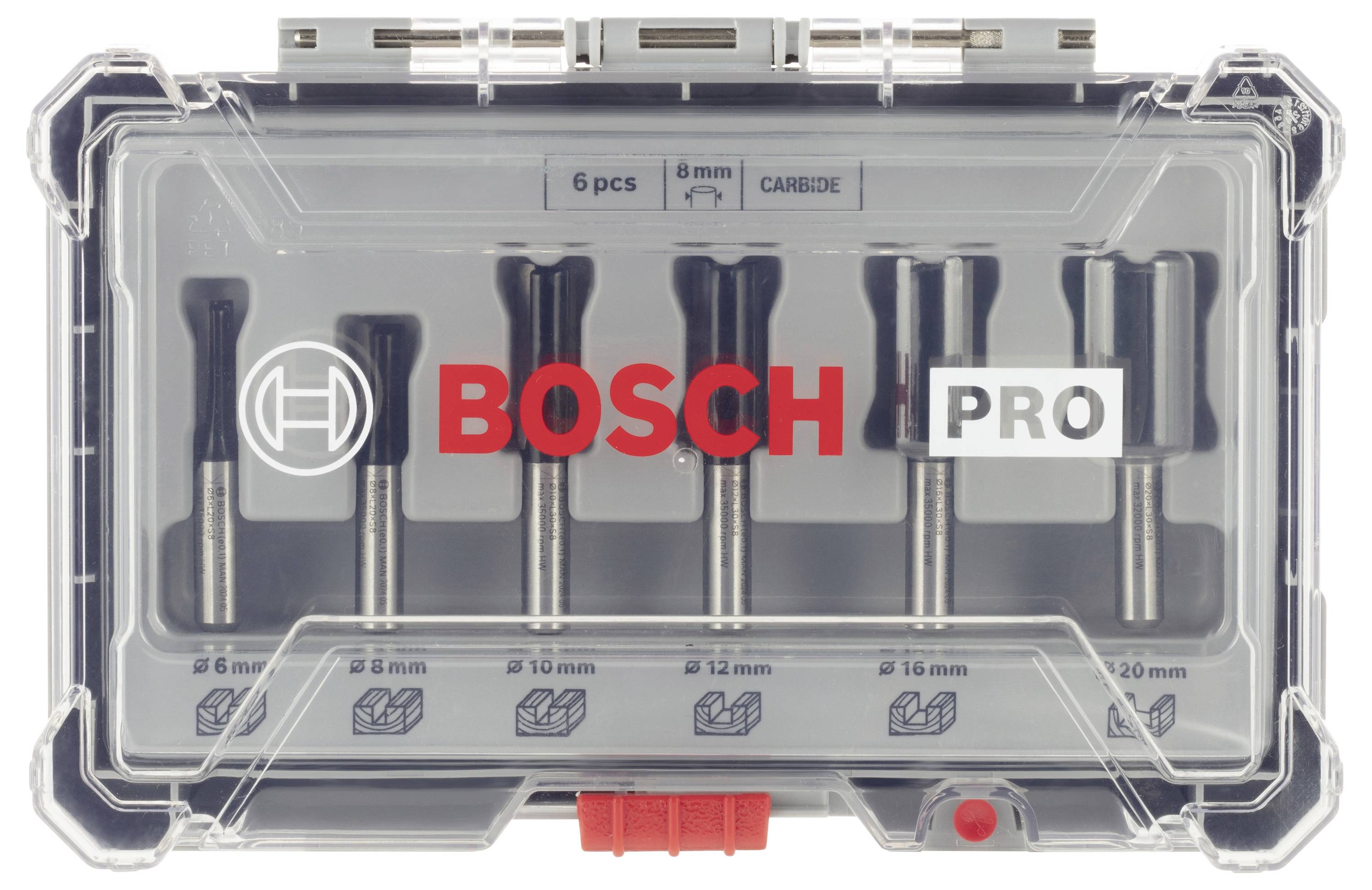 Coffret 'Bosch Pro' avec six forets de différentes tailles, adapté pour l'usinage de matériaux comme le métal. Boîte de rangement transparente.