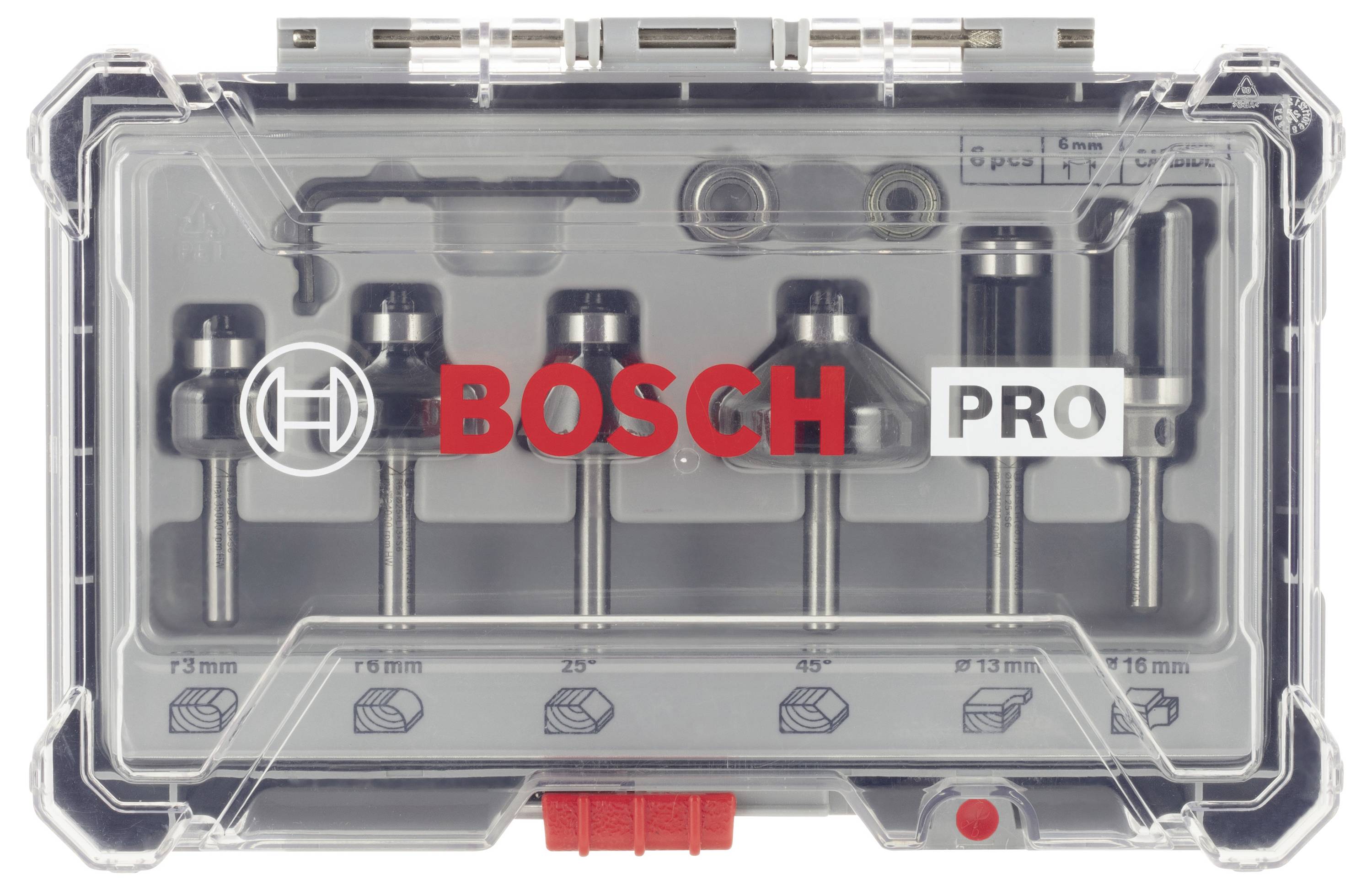 Kit PRO Bosch avec six forets à fraiser, tailles : 7mm, 8mm, 9,5mm, 12mm, 15mm, 16mm, dans boîtier plastique transparent.