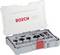 Coffret d'outils Bosch dans un étui en plastique transparent, comprenant six fraises différentes pour le travail du bois.