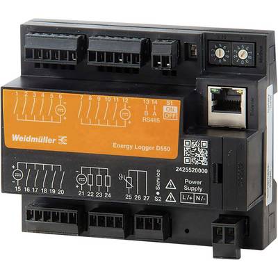 'Enregistreur d'énergie D550 de Weidmüller, montrant les bornes de connexion, l'interrupteur et l'interface réseau. Utilisable pour la surveillance énergétique.'