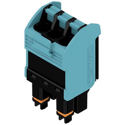 Connecteur électrique à trois broches, corps bleu et noir, pour applications industrielles.
