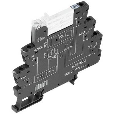 Un module relais noir avec des marquages blancs pour les connexions électriques. Texte : 'AO 12V', 'Weidmüller', 'TRS 12VUC 2000'.