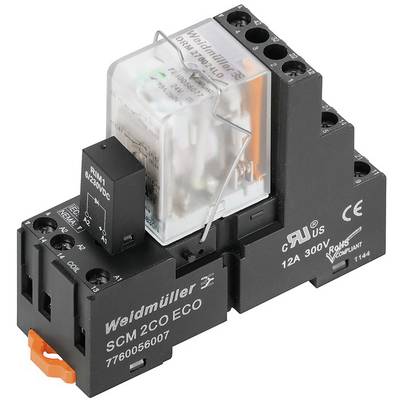 Un module de relais électrique avec un boîtier transparent montre ses mécanismes de commutation internes. Marqué 'Weidmüller SCM 2CO ECO'.