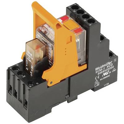 Un module de relais électrique noir avec un levier orange et le logo Weidmüller, adapté pour 8A/250VAC.