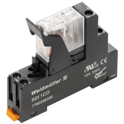 Module relais de Weidmüller, modèle SDI 1CO, 12A, 300V, noir avec partie supérieure transparente, affichant les informations de marque et techniques.